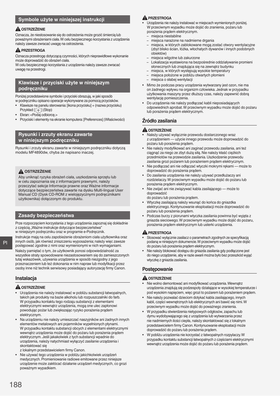 Instalacja, Źródło zasilania, Postępowanie | Pl symbole użyte w niniejszej instrukcji, Zasady bezpieczeństwa | Canon i-SENSYS MF4890dw User Manual | Page 188 / 292