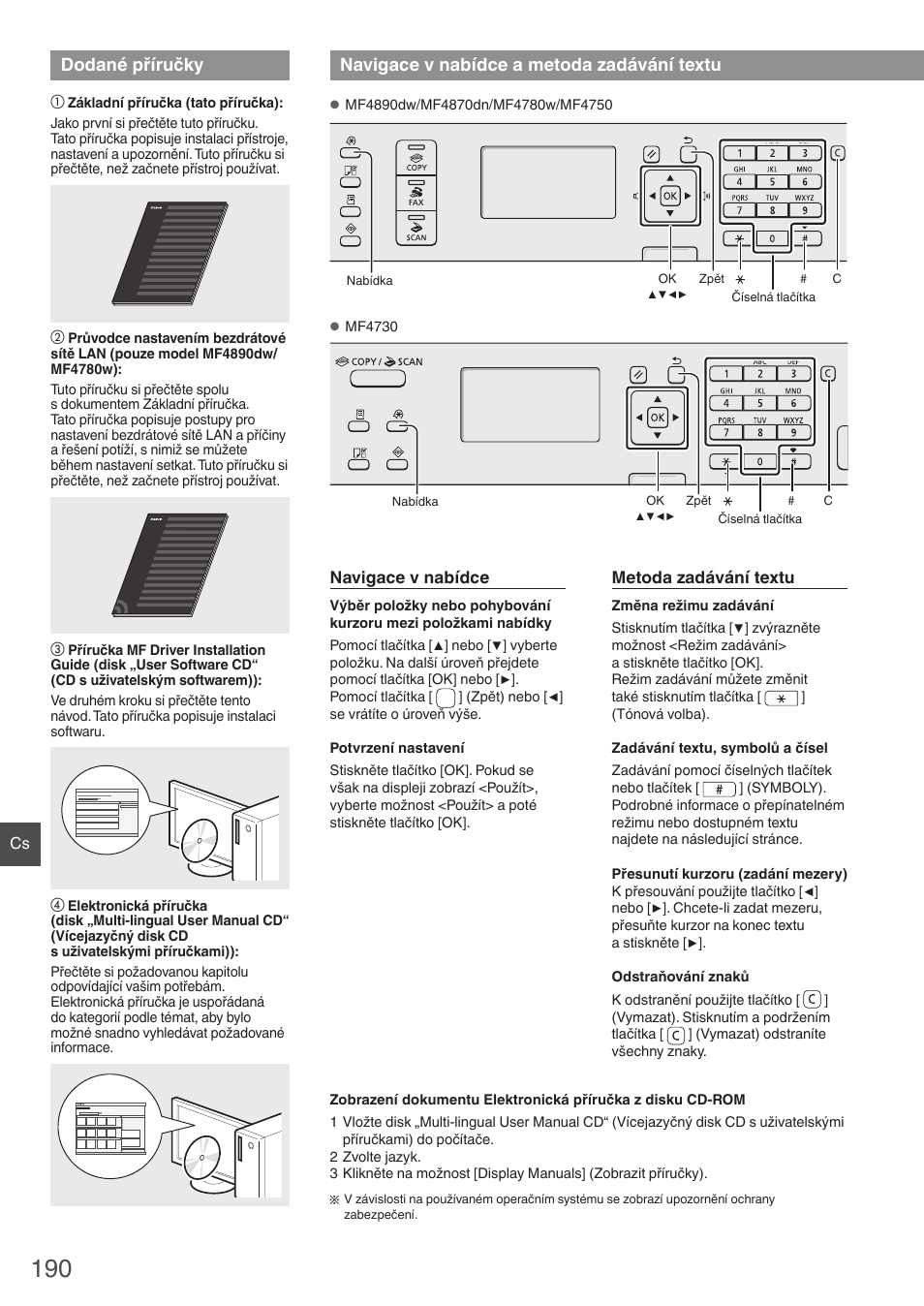 Dodané příručky, Navigace v nabídce a metoda, Zadávání textu | Navigace v nabídce a metoda zadávání textu | Canon i-SENSYS MF4890dw User Manual | Page 190 / 292