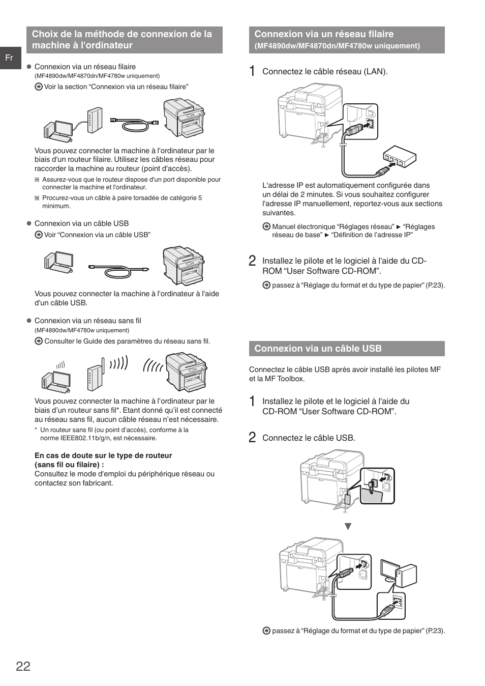 Choix de la méthode de connexion, De la machine à l'ordinateur, Connexion via un réseau filaire | Mf4890dw/mf4870dn/mf4780w uniquement), Connexion via un câble usb, Assez à “connexion via un réseau filaire, Mf4890dw/mf4870dn/mf4780w uniquement)” (p.22), Assez à “connexion via un câble usb” (p.22) | Canon i-SENSYS MF4890dw User Manual | Page 22 / 292