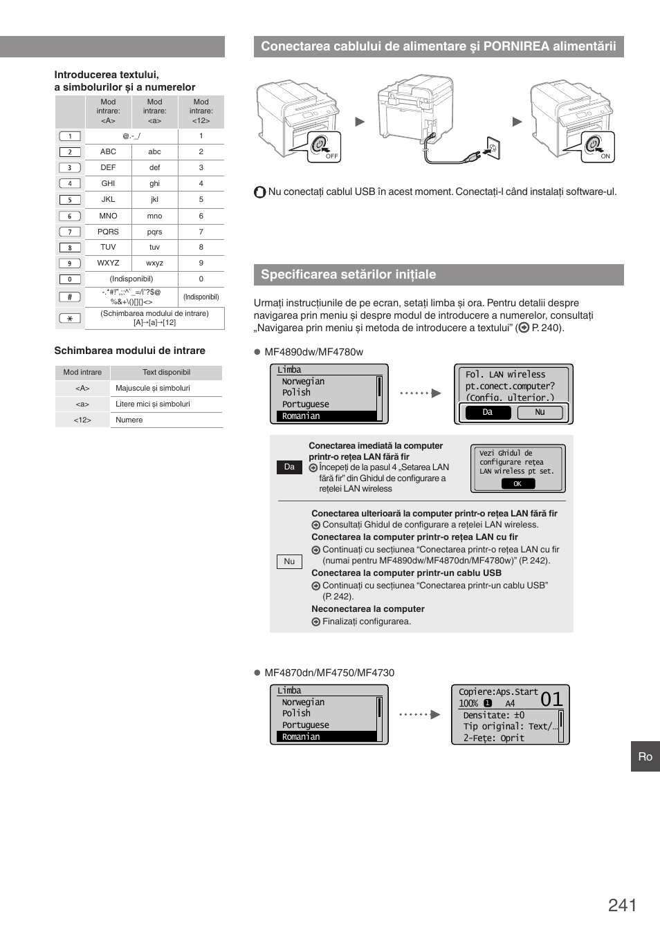 Conectarea cablului de alimentare şi, Pornirea alimentării, Specificarea setărilor iniţiale | Canon i-SENSYS MF4890dw User Manual | Page 241 / 292