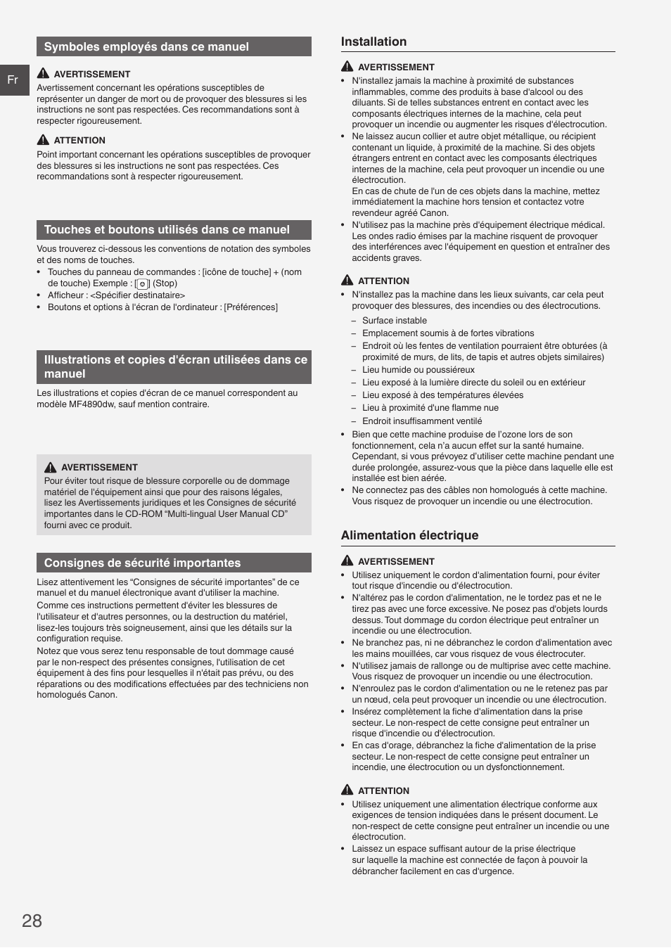 Installation, Alimentation électrique, Fr symboles employés dans ce manuel | Touches et boutons utilisés dans ce manuel, Consignes de sécurité importantes | Canon i-SENSYS MF4890dw User Manual | Page 28 / 292