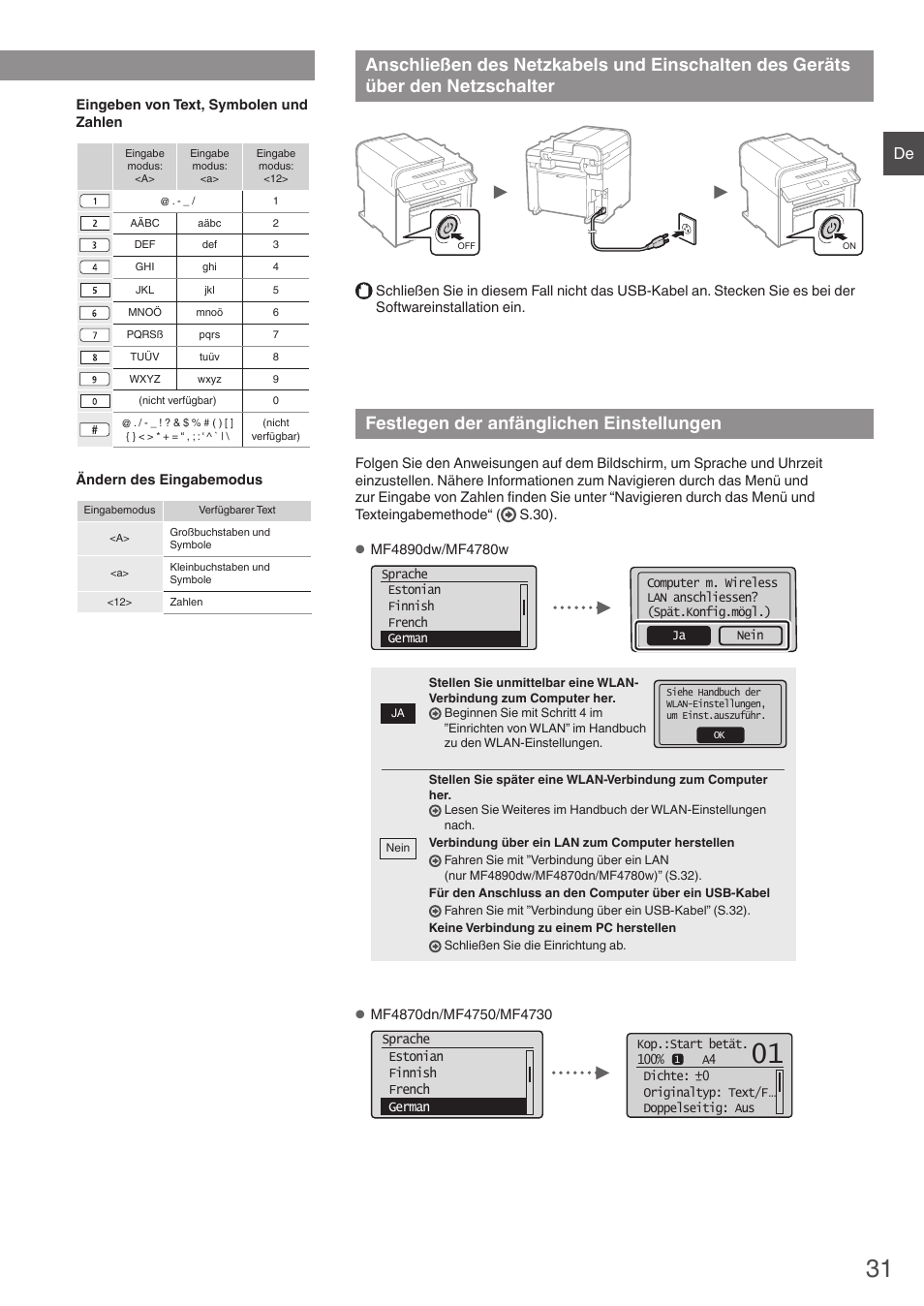 Anschließen des netzkabels und einschalten, Des geräts über den netzschalter, Festlegen der anfänglichen einstellungen | Navigieren durch das menü und texteingabemethode | Canon i-SENSYS MF4890dw User Manual | Page 31 / 292