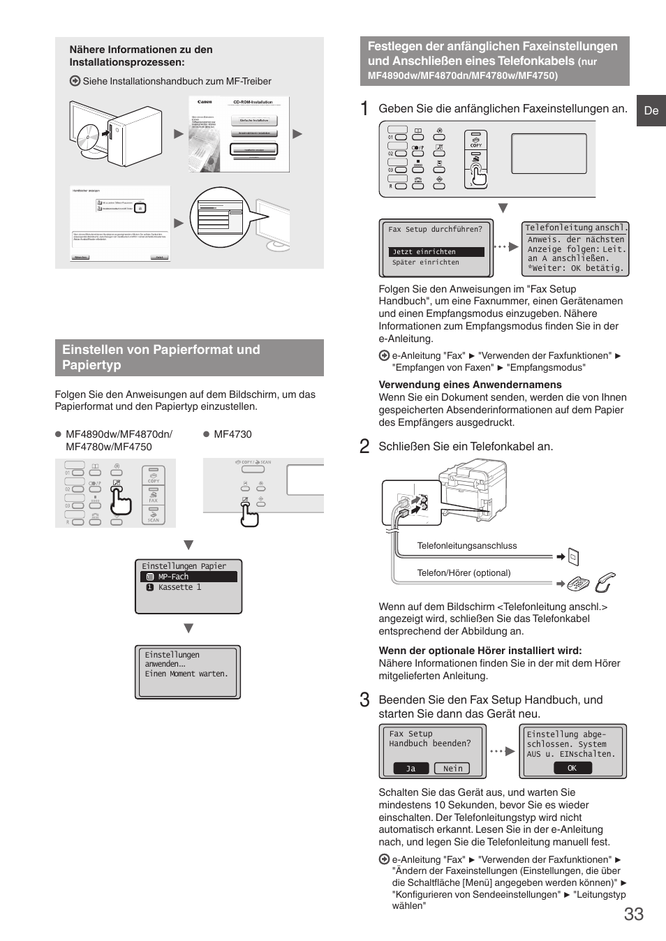 Einstellen von papierformat und papiertyp, Festlegen der anfänglichen faxeinstellungen und, Anschließen eines telefonkabels | Nur mf4890dw, Mf4870dn/mf4780w/mf4750), En sie mit “einstellen von papierformat und, Papiertyp“ (p, Papiertyp“ (s | Canon i-SENSYS MF4890dw User Manual | Page 33 / 292