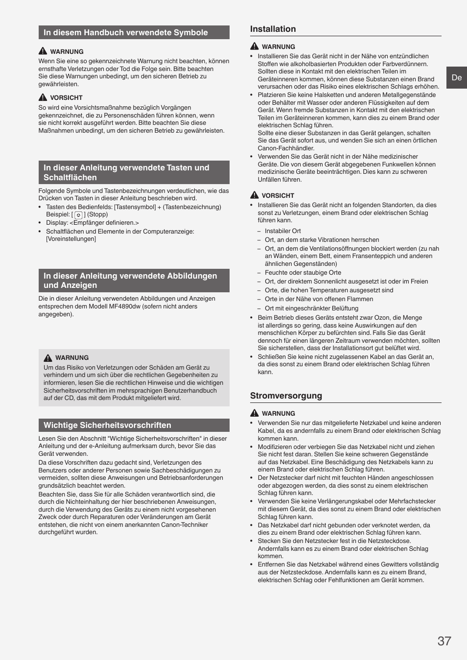 Installation, Stromversorgung, De in diesem handbuch verwendete symbole | Wichtige sicherheitsvorschriften | Canon i-SENSYS MF4890dw User Manual | Page 37 / 292