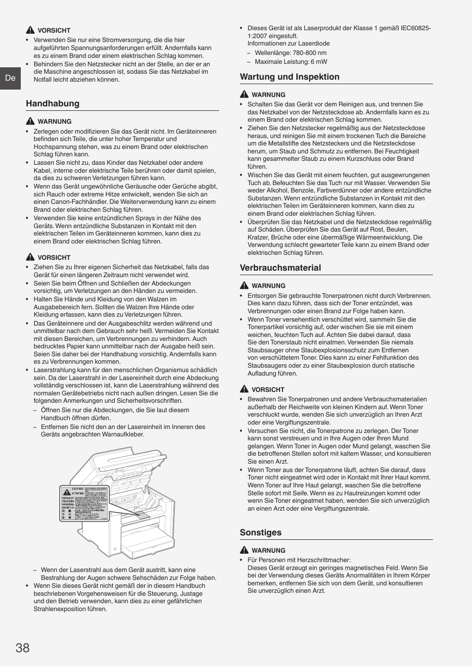 Handhabung, Wartung und inspektion, Verbrauchsmaterial | Sonstiges | Canon i-SENSYS MF4890dw User Manual | Page 38 / 292