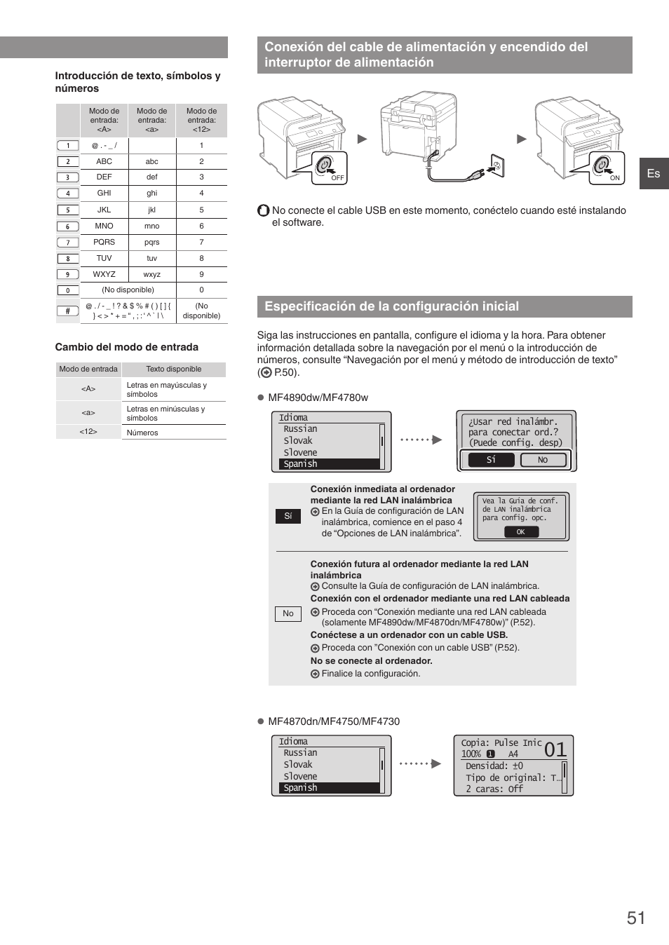 Conexión del cable de alimentación y, Encendido del interruptor de alimentación, Especificación de la configuración inicial | Canon i-SENSYS MF4890dw User Manual | Page 51 / 292