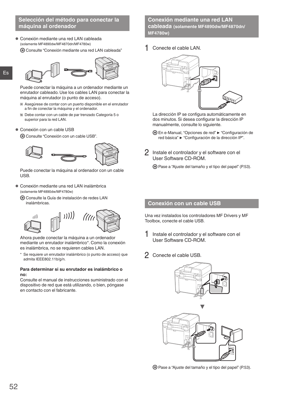 Selección del método para conectar, La máquina al ordenador, Conexión mediante una red lan cableada | Solamente mf4890dw/mf4870dn/mf4780w), Conexión con un cable usb, Oceda con “conexión mediante una red lan cableada, Oceda con ”conexión con un cable usb” (p | Canon i-SENSYS MF4890dw User Manual | Page 52 / 292