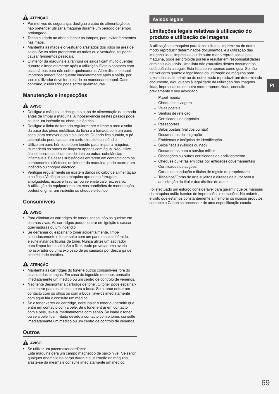 Manutenção e inspecções, Consumíveis, Outros | Avisos legais | Canon i-SENSYS MF4890dw User Manual | Page 69 / 292