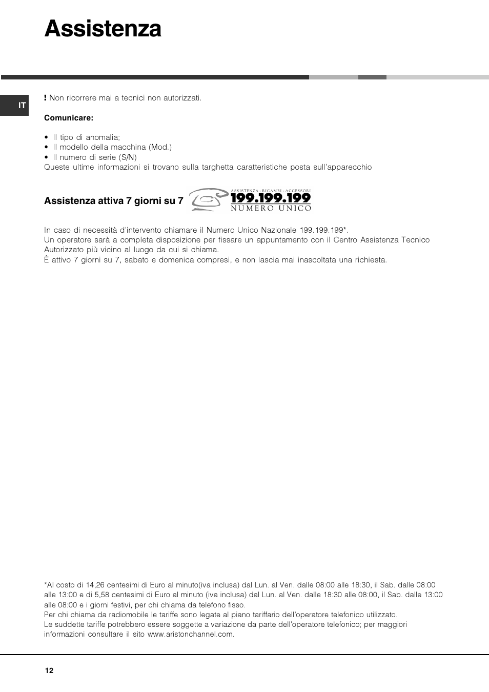 Assistenza | Hotpoint Ariston Deco FHR G (AN)-HA User Manual | Page 12 / 68