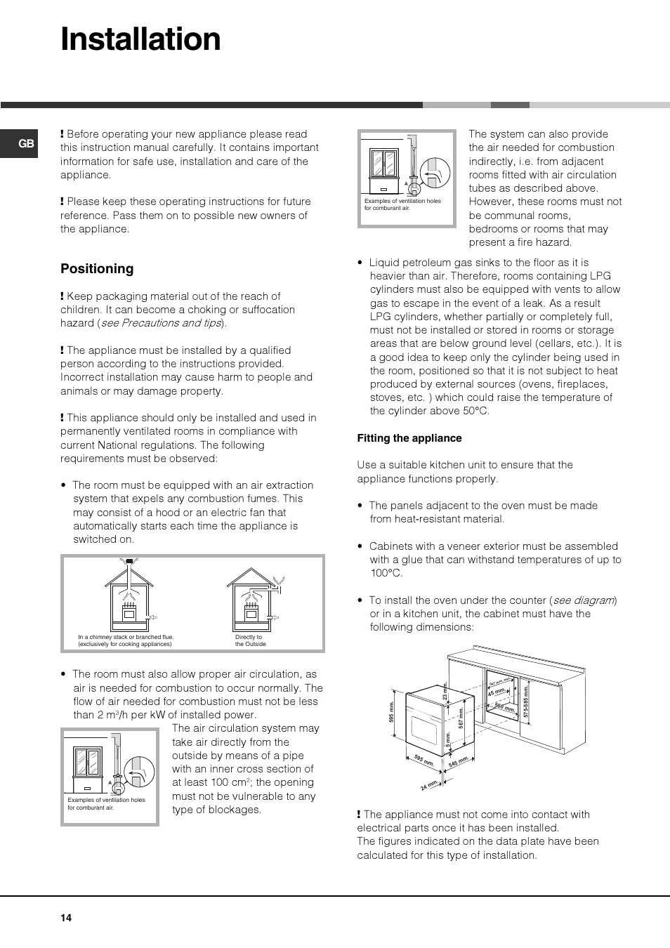 Installation, Positioning | Hotpoint Ariston Deco FHR G (AN)-HA User Manual | Page 14 / 68