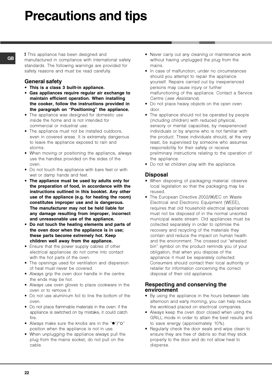 Precautions and tips | Hotpoint Ariston Deco FHR G (AN)-HA User Manual | Page 22 / 68