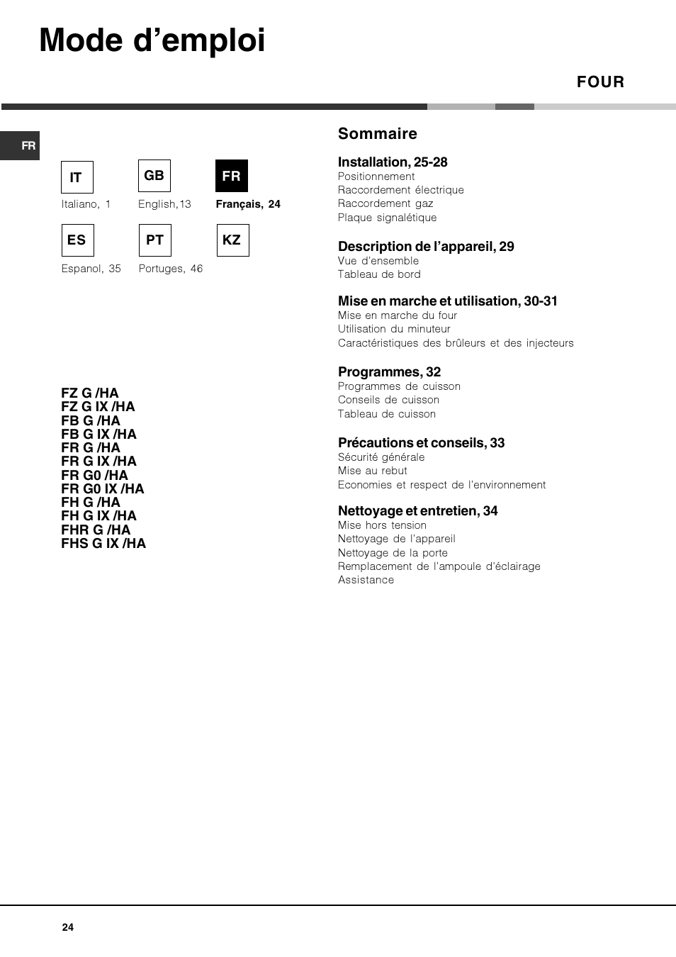 Mode d’emploi, Four, Sommaire | Hotpoint Ariston Deco FHR G (AN)-HA User Manual | Page 24 / 68