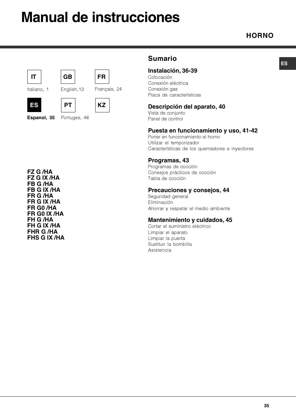 Manual de instrucciones, Horno sumario | Hotpoint Ariston Deco FHR G (AN)-HA User Manual | Page 35 / 68