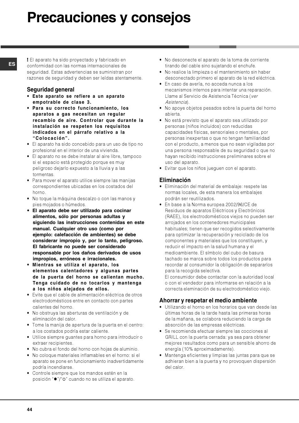 Precauciones y consejos | Hotpoint Ariston Deco FHR G (AN)-HA User Manual | Page 44 / 68