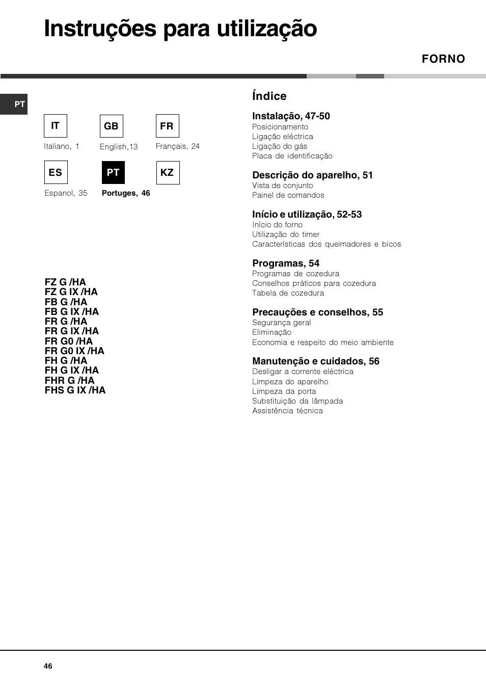 Instruções para utilização, Índice, Forno | Hotpoint Ariston Deco FHR G (AN)-HA User Manual | Page 46 / 68