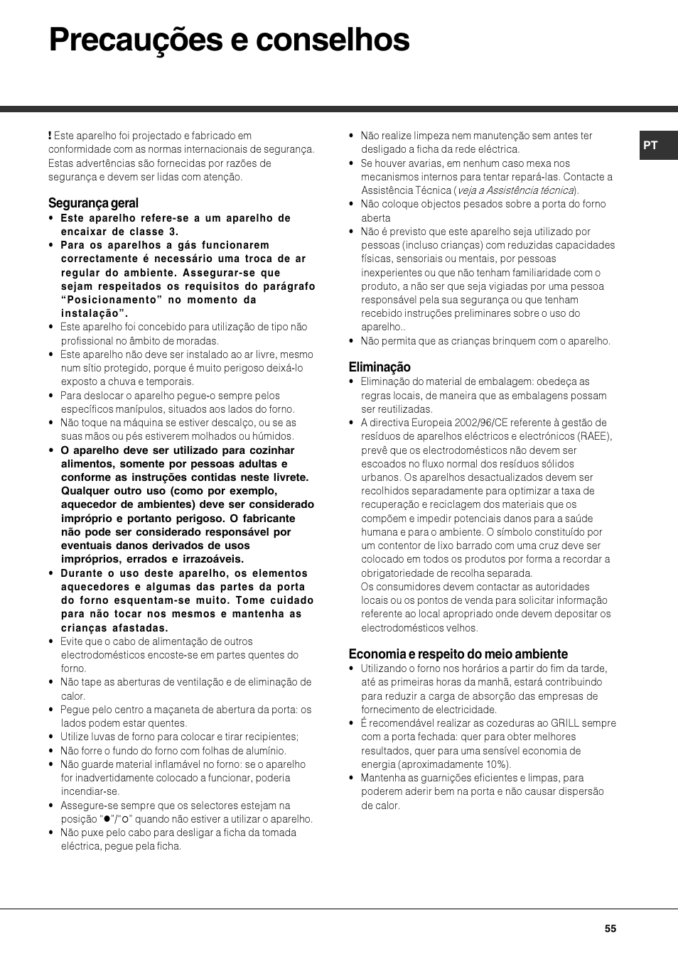 Precauções e conselhos | Hotpoint Ariston Deco FHR G (AN)-HA User Manual | Page 55 / 68