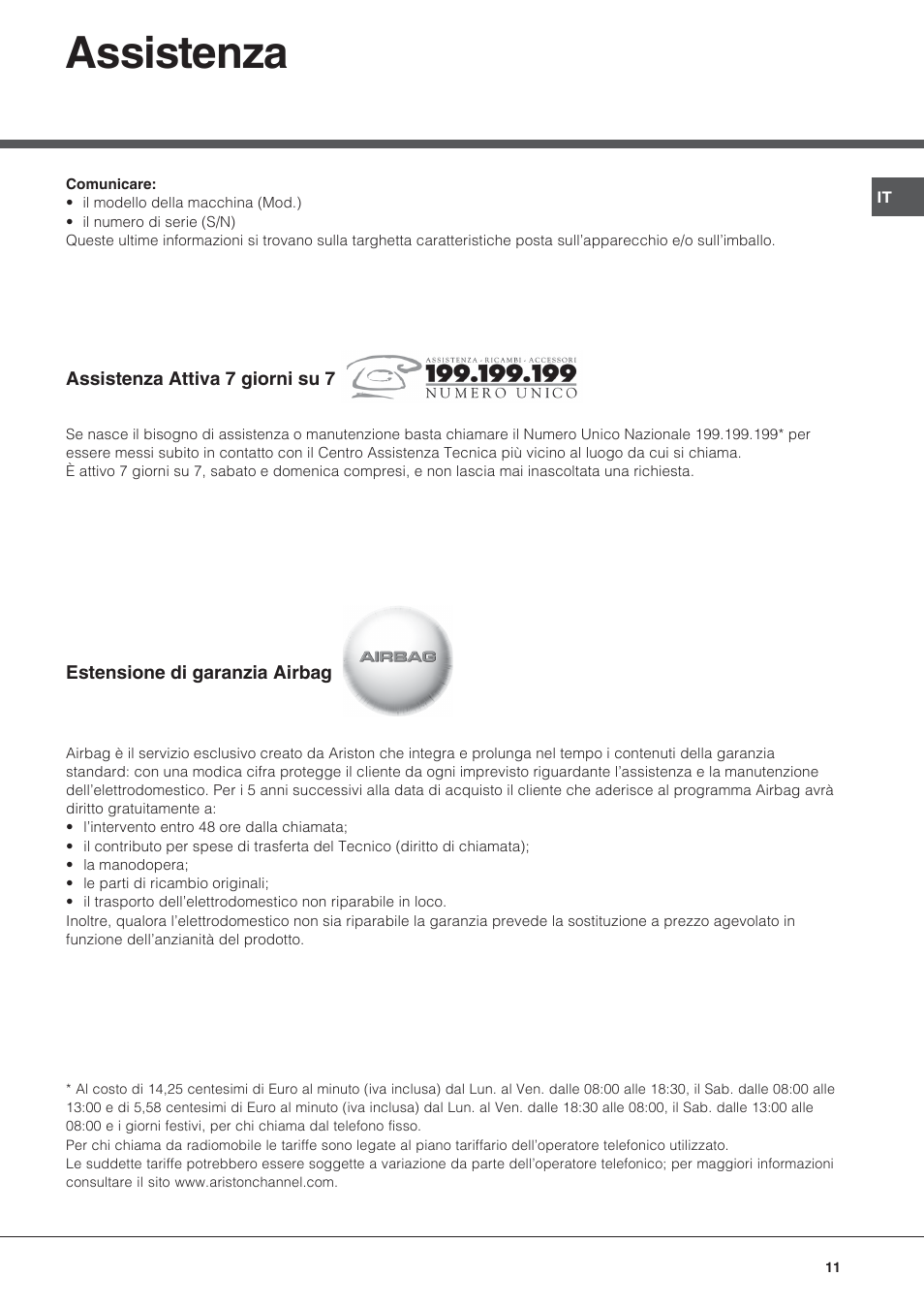 Assistenza | Hotpoint Ariston Diamond FD 61.1 (SL)-HA User Manual | Page 11 / 72