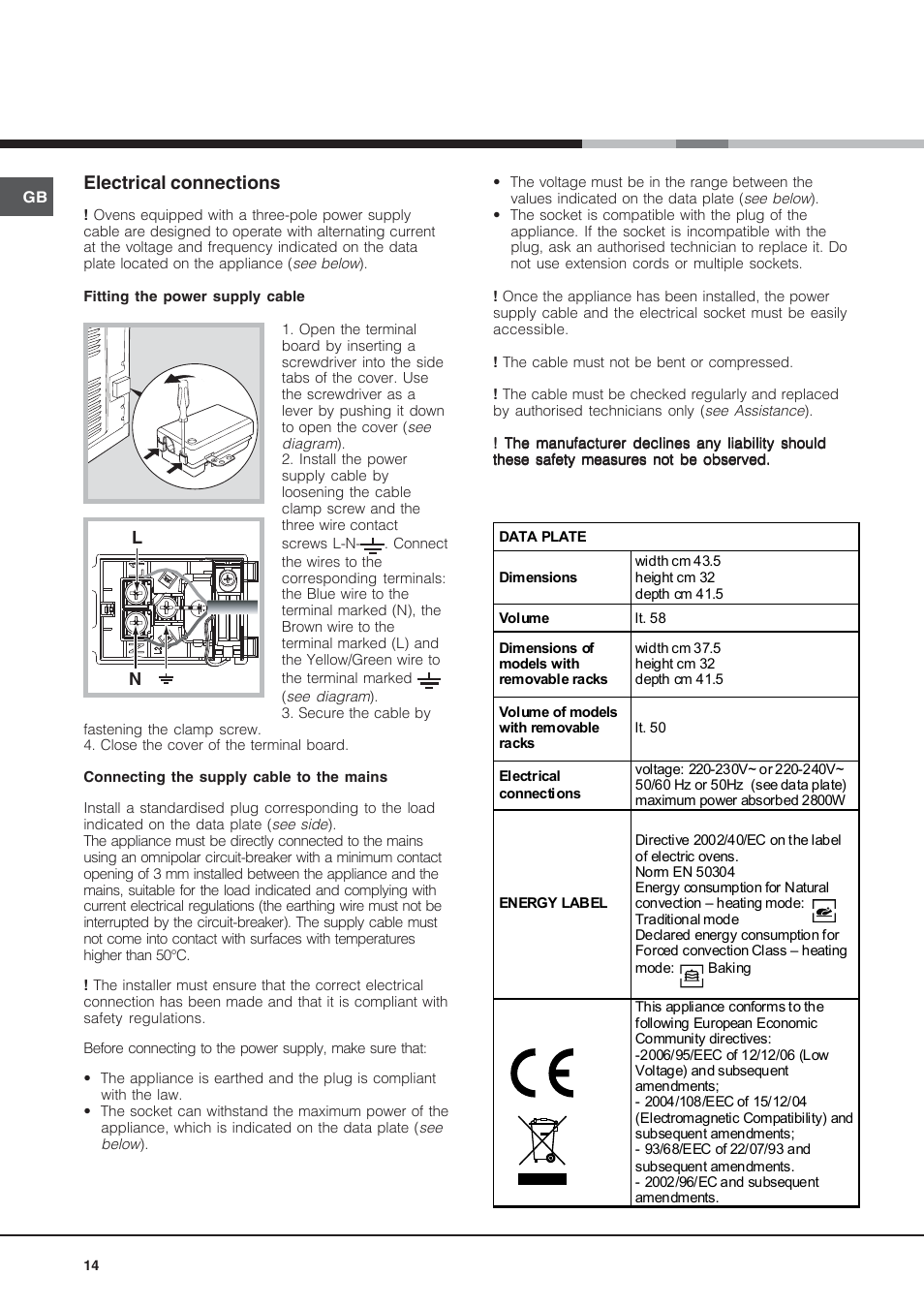 Electrical connections | Hotpoint Ariston Diamond FD 61.1 (SL)-HA User Manual | Page 14 / 72