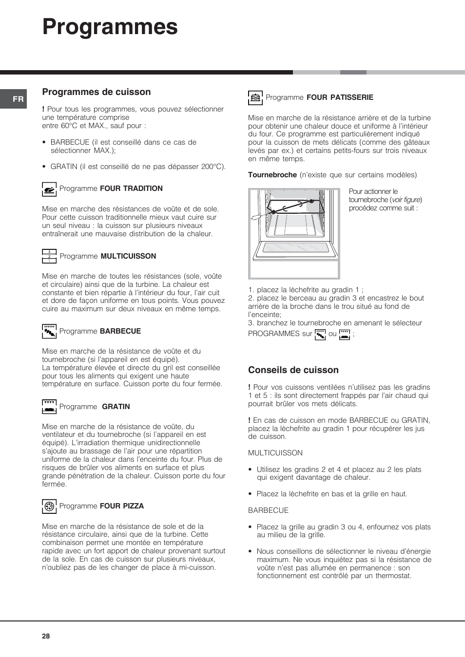 Programmes, Programmes de cuisson, Conseils de cuisson | Hotpoint Ariston Diamond FD 61.1 (SL)-HA User Manual | Page 28 / 72