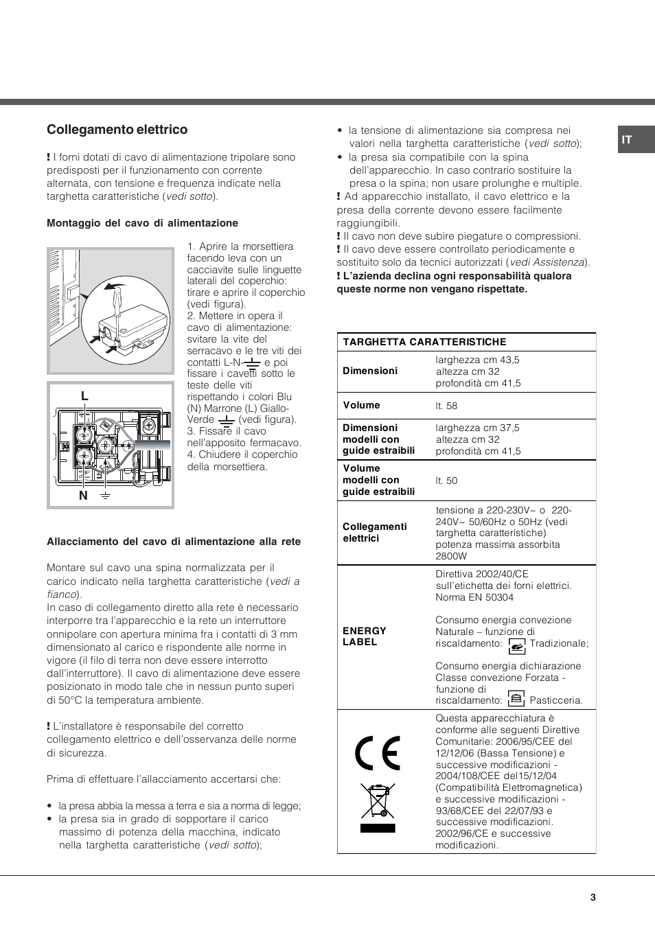 Collegamento elettrico | Hotpoint Ariston Diamond FD 61.1 (SL)-HA User Manual | Page 3 / 72