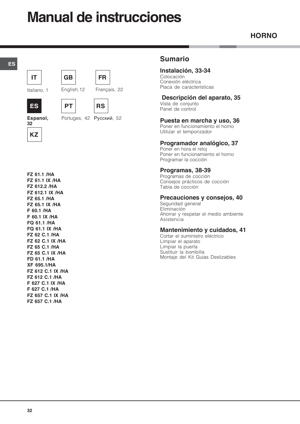 Manual de instrucciones, Sumario, Horno | Hotpoint Ariston Diamond FD 61.1 (SL)-HA User Manual | Page 32 / 72