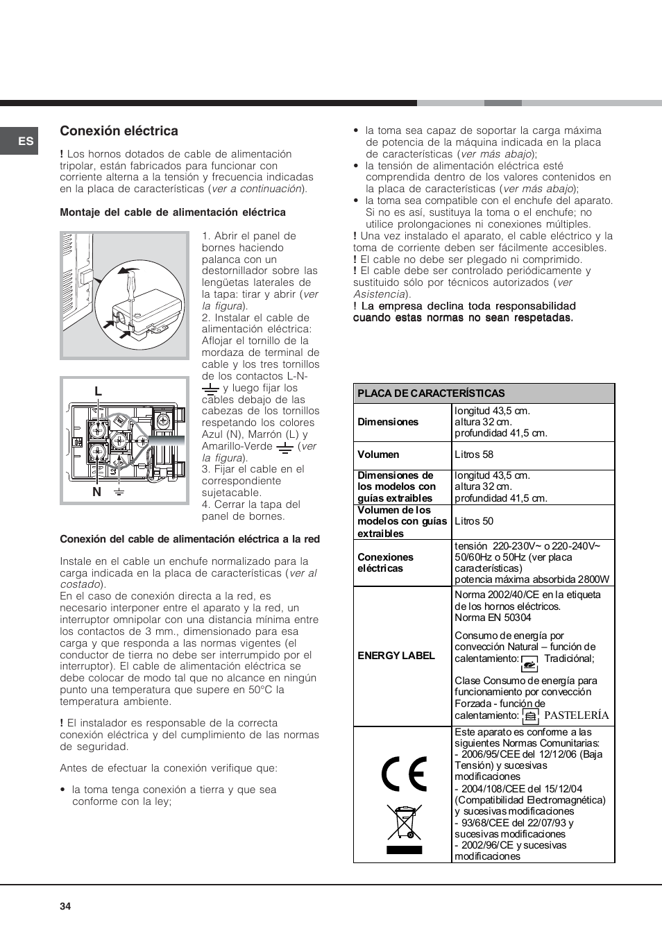 Conexión eléctrica | Hotpoint Ariston Diamond FD 61.1 (SL)-HA User Manual | Page 34 / 72