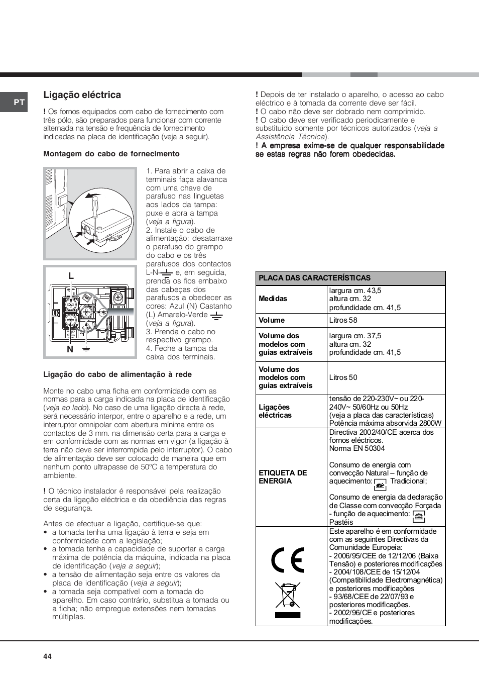 Ligação eléctrica | Hotpoint Ariston Diamond FD 61.1 (SL)-HA User Manual | Page 44 / 72