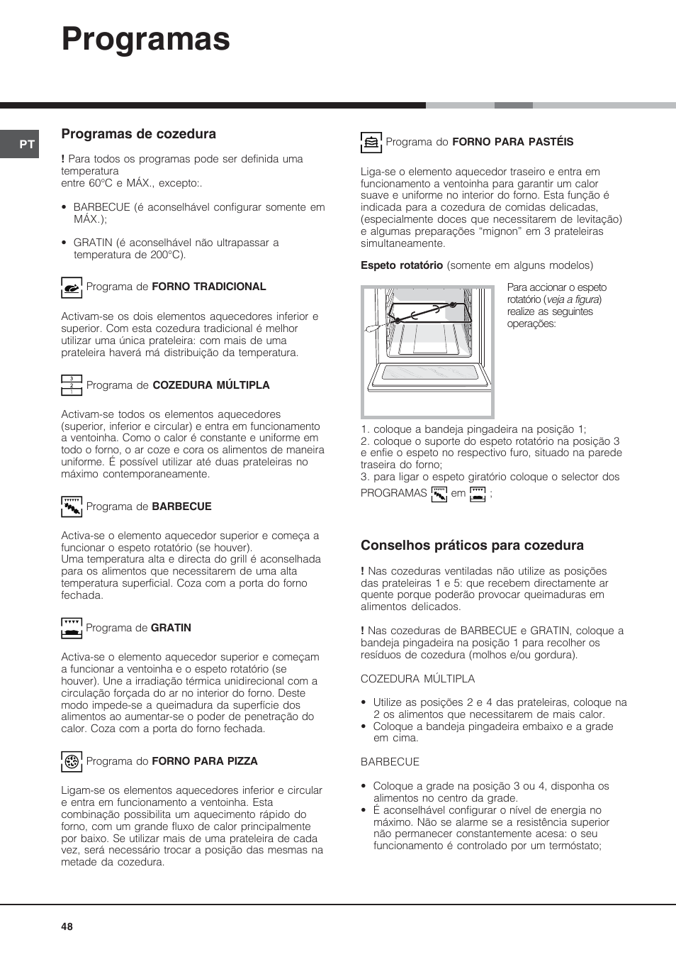 Programas, Programas de cozedura, Conselhos práticos para cozedura | Hotpoint Ariston Diamond FD 61.1 (SL)-HA User Manual | Page 48 / 72