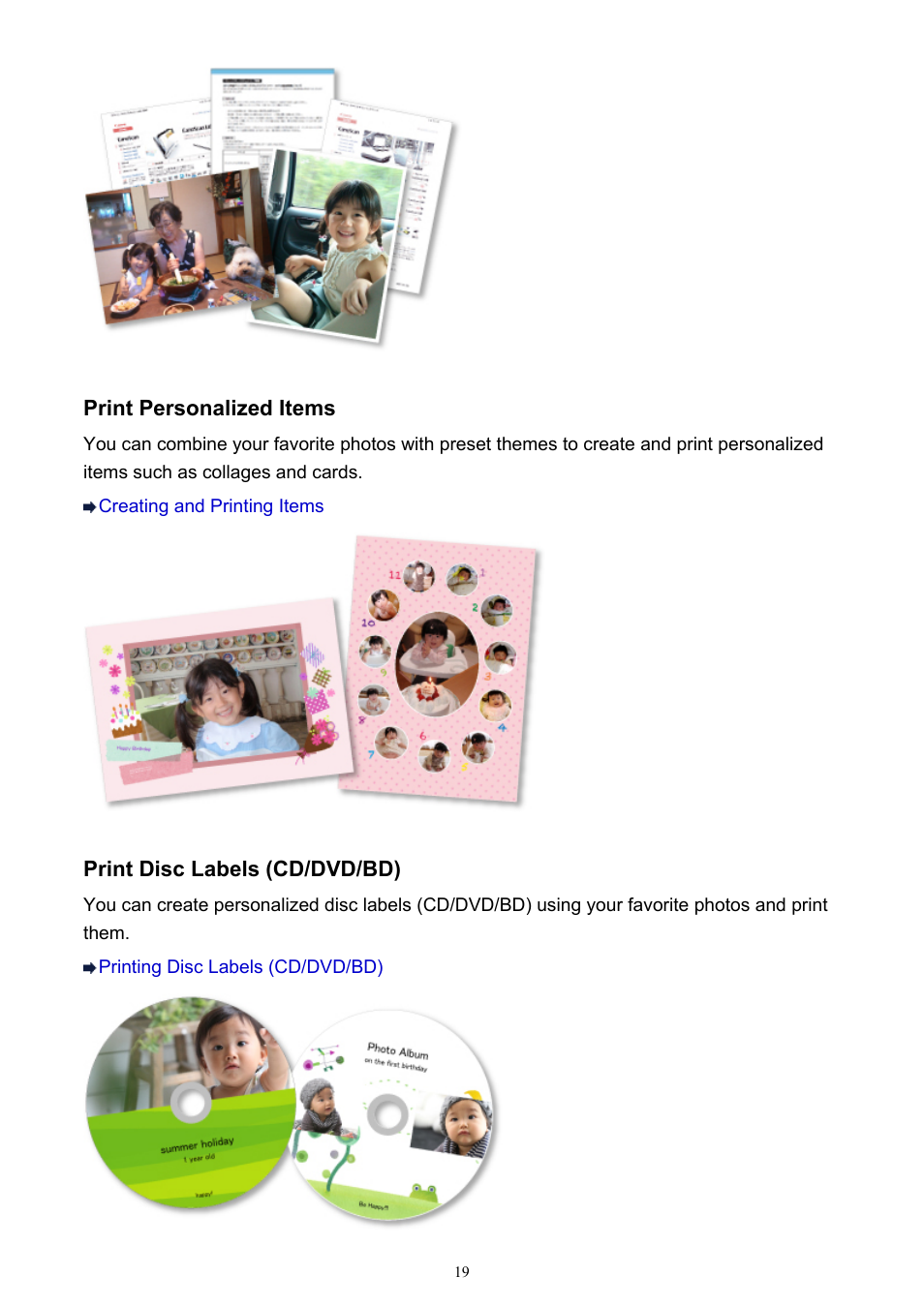 Print personalized items, Print disc labels (cd/dvd/bd) | Canon PIXMA MG2440 User Manual | Page 19 / 335