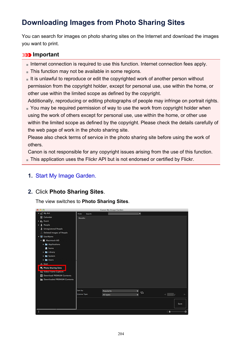 Downloading images from photo sharing sites | Canon PIXMA MG2440 User Manual | Page 204 / 335