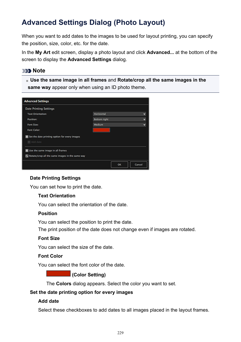 Advanced settings dialog (photo layout), In the, Advanced settings dialog | Advanced settings, Dialog, Displayed by clicking | Canon PIXMA MG2440 User Manual | Page 229 / 335