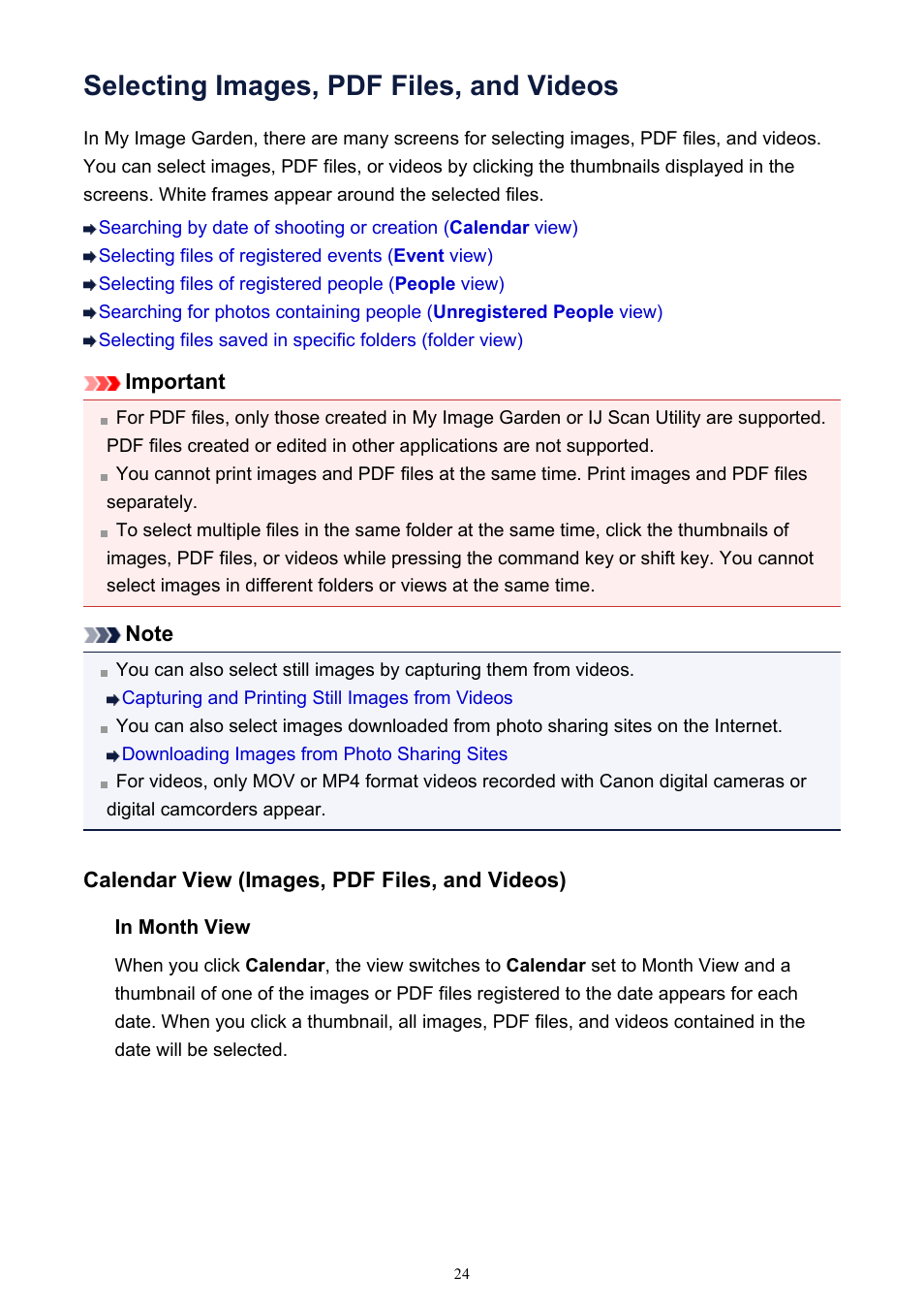 Selecting images, pdf files, and videos | Canon PIXMA MG2440 User Manual | Page 24 / 335