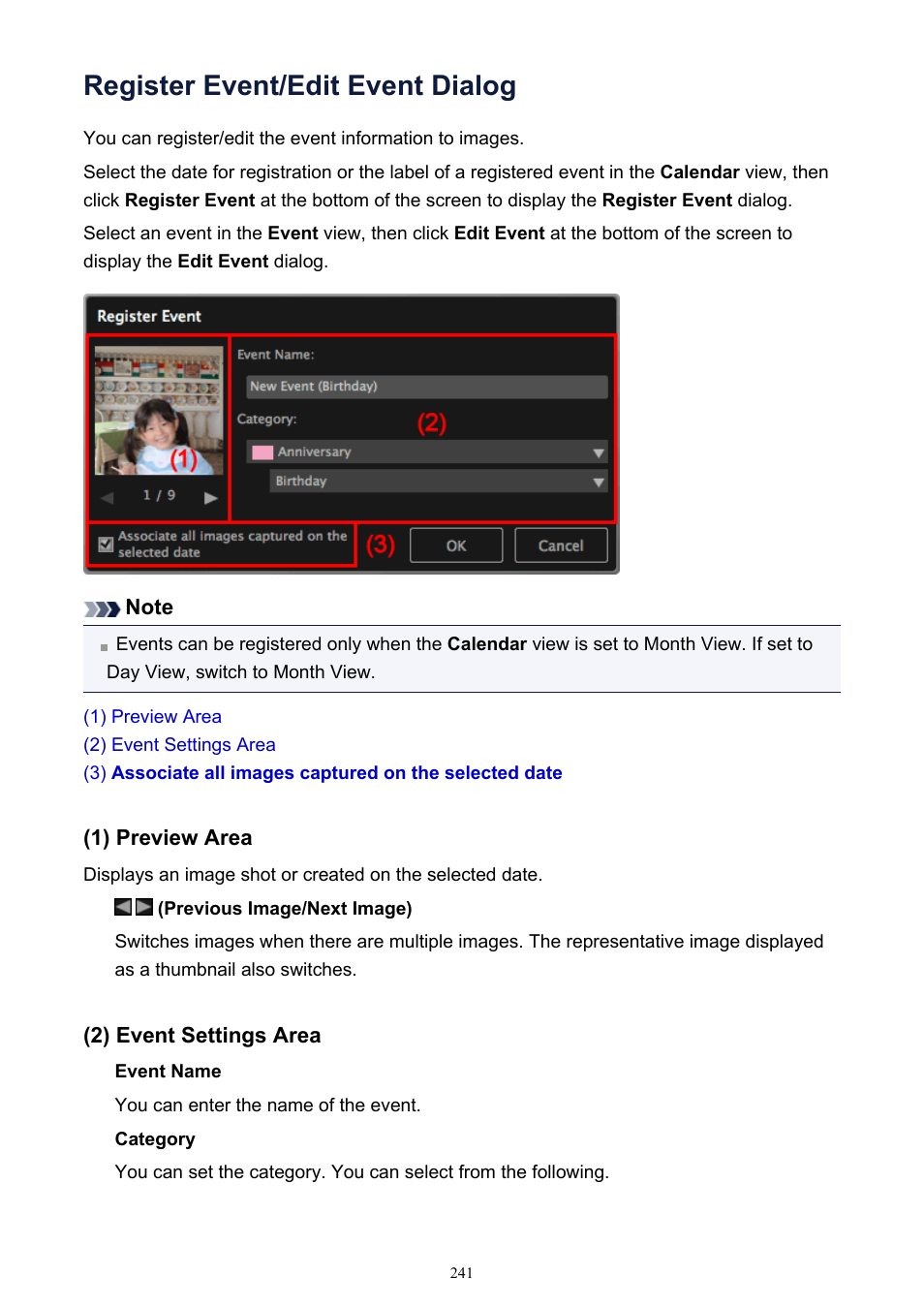 Register event/edit event dialog, Displays the, Register event dialog | In which you can register event information to | Canon PIXMA MG2440 User Manual | Page 241 / 335