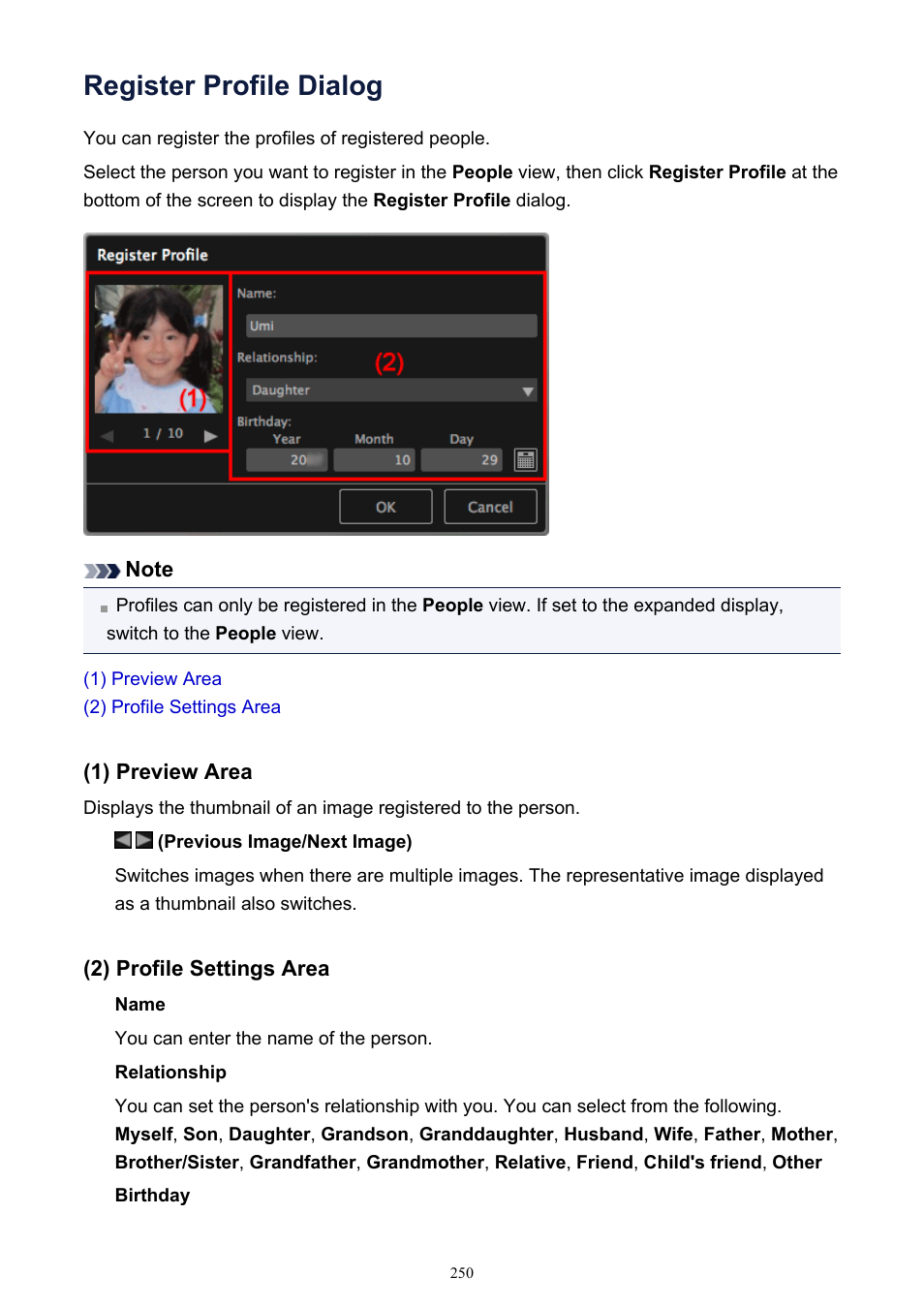 Register profile dialog, In which you can set the profiles of registered | Canon PIXMA MG2440 User Manual | Page 250 / 335