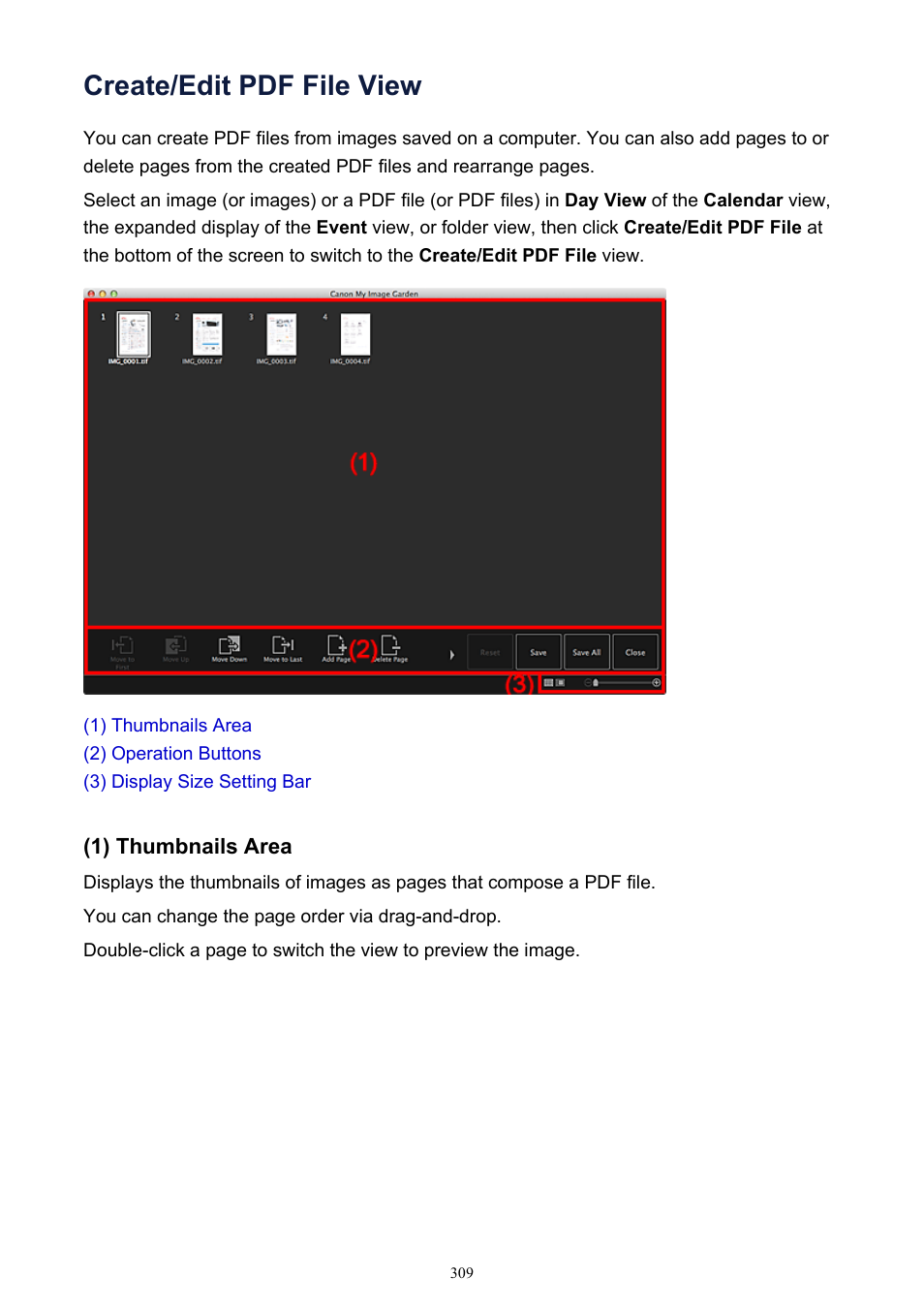 Create/edit pdf file view, Displays the, For the details view of pdf files | In which you can create | Canon PIXMA MG2440 User Manual | Page 309 / 335