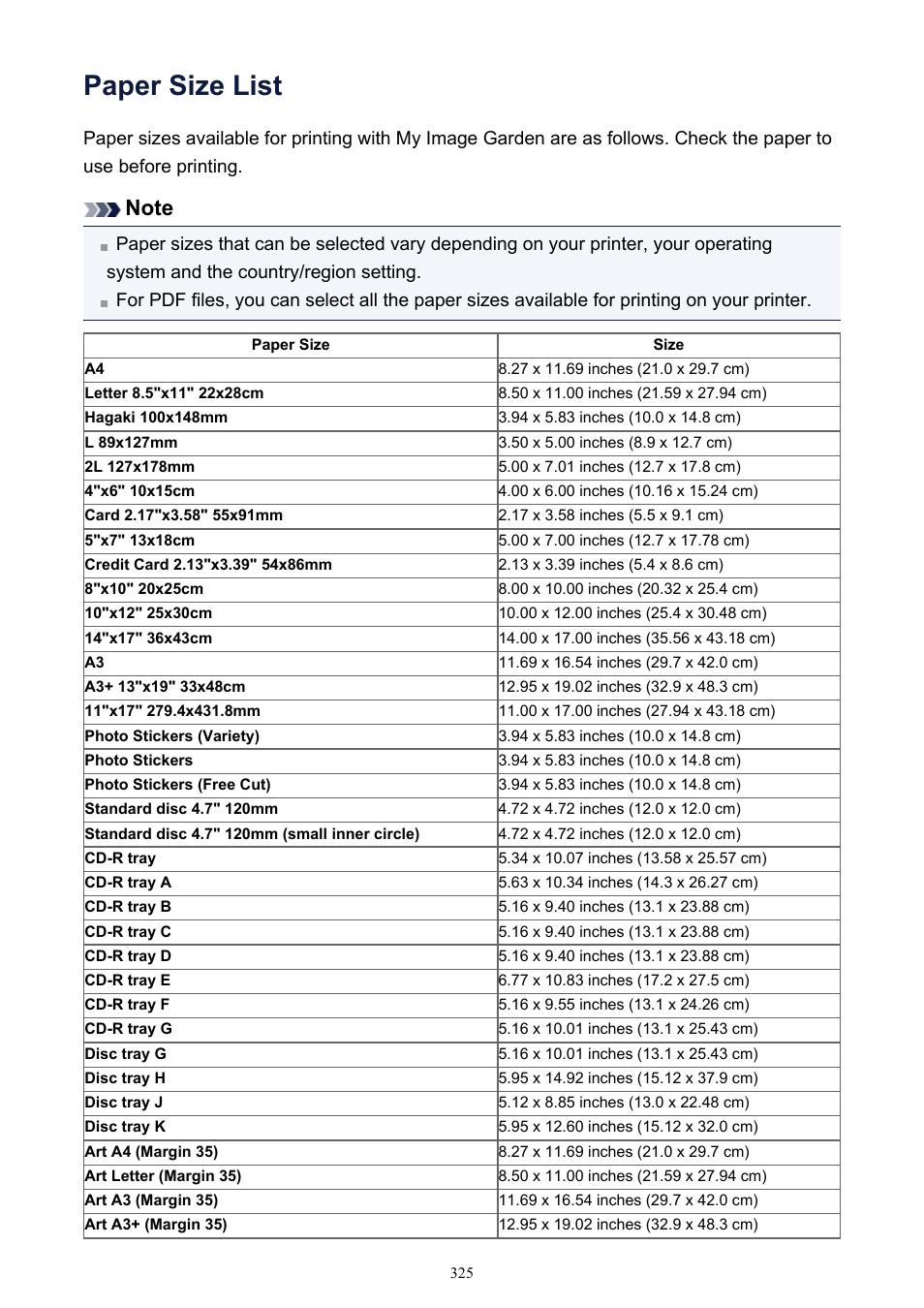 Paper size list | Canon PIXMA MG2440 User Manual | Page 325 / 335