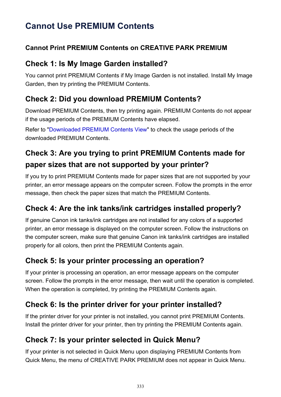 Cannot use premium contents, Check 1: is my image garden installed, Check 2: did you download premium contents | Check 5: is your printer processing an operation, Check 7: is your printer selected in quick menu | Canon PIXMA MG2440 User Manual | Page 333 / 335