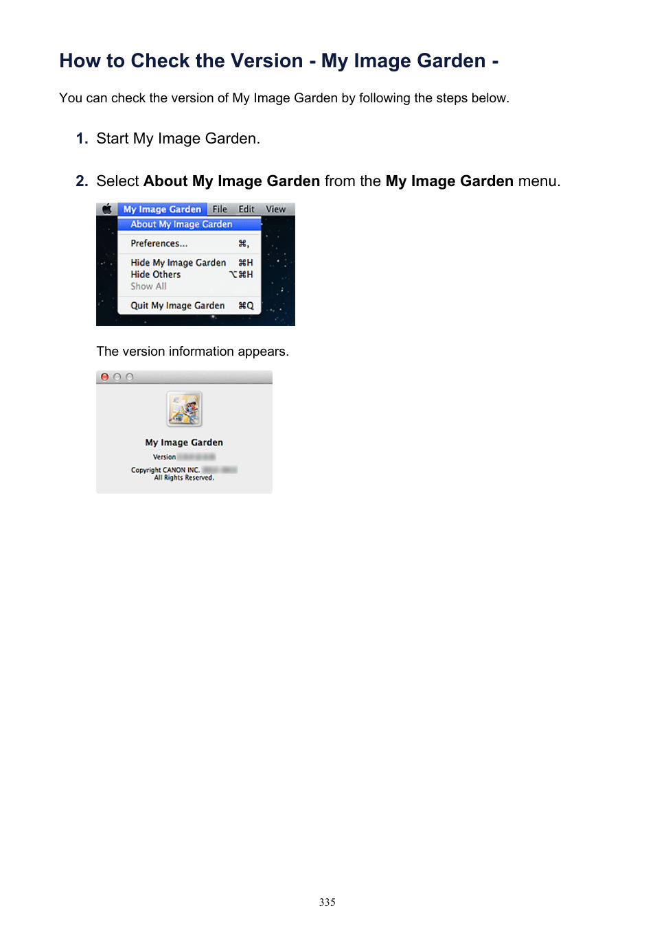 How to check the version - my image garden | Canon PIXMA MG2440 User Manual | Page 335 / 335