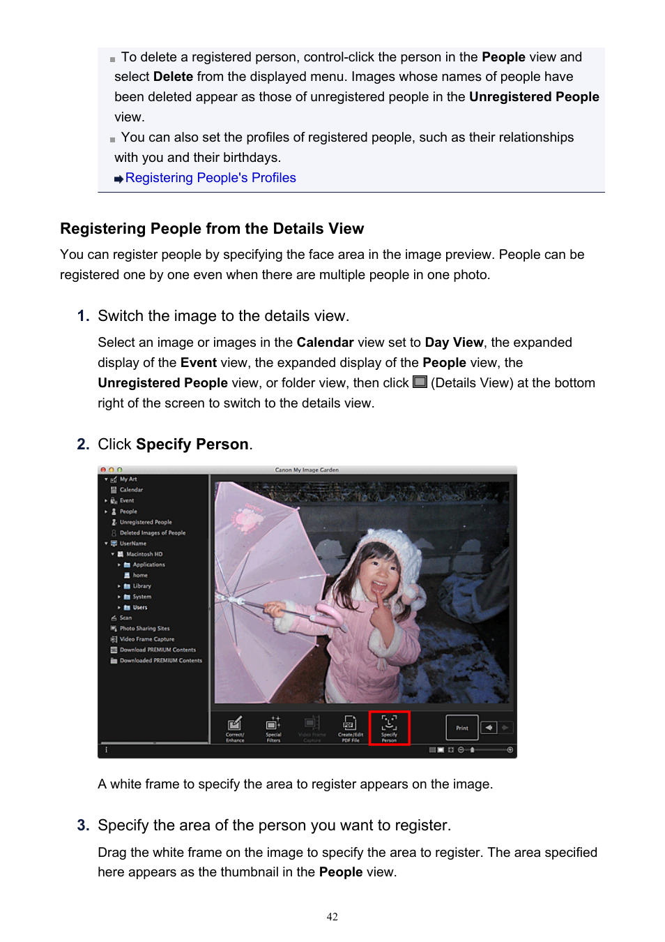 Registering people from the details view | Canon PIXMA MG2440 User Manual | Page 42 / 335