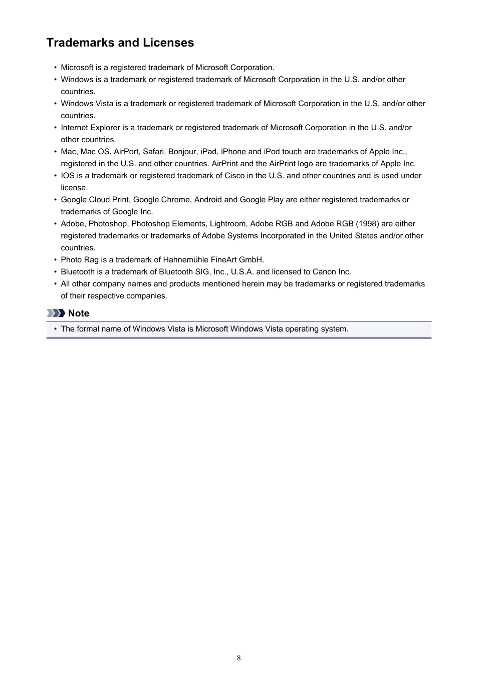 Trademarks and licenses | Canon PIXMA MG2440 User Manual | Page 8 / 335