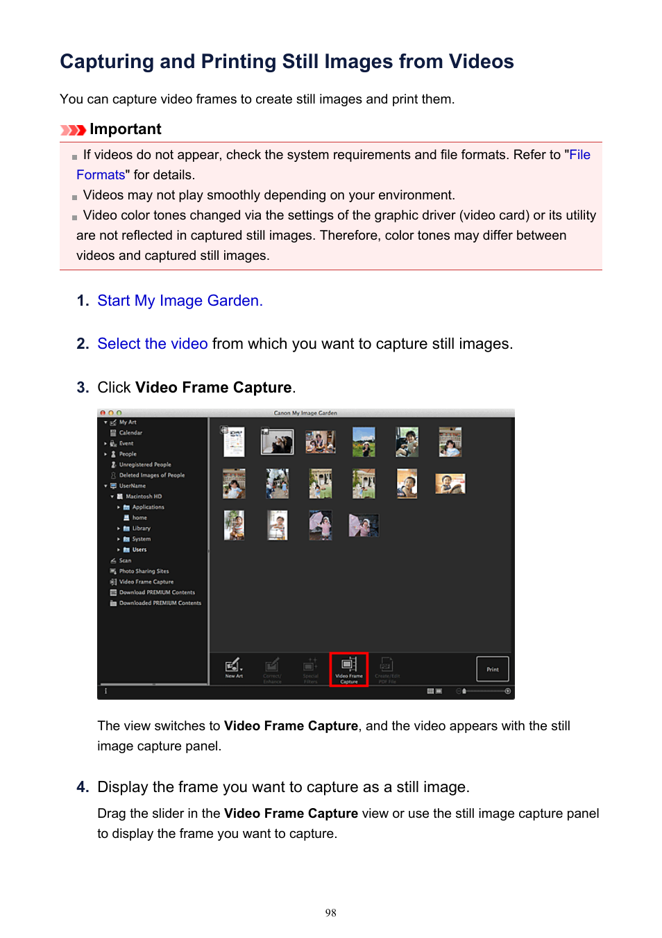 Capturing and printing still images from videos, For how to capture still | Canon PIXMA MG2440 User Manual | Page 98 / 335