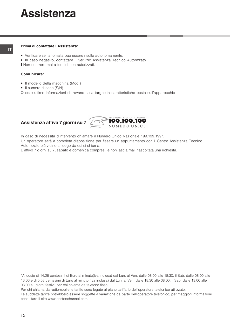 Assistenza | Hotpoint Ariston Diamond FD 83.1 (MR)-HA User Manual | Page 12 / 68