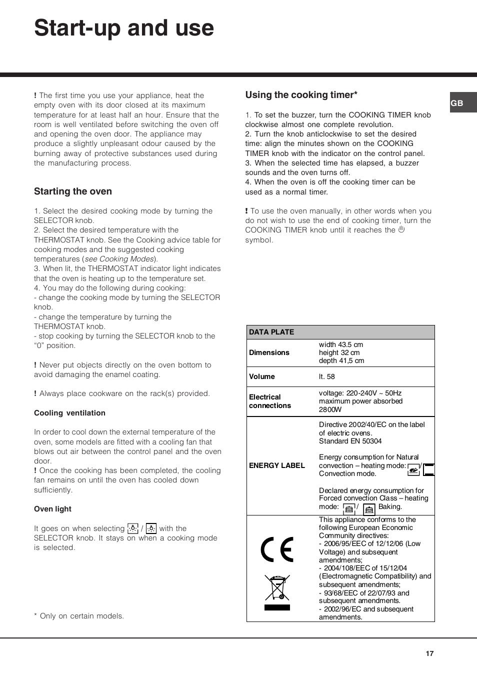 Start-up and use | Hotpoint Ariston Diamond FD 83.1 (MR)-HA User Manual | Page 17 / 68