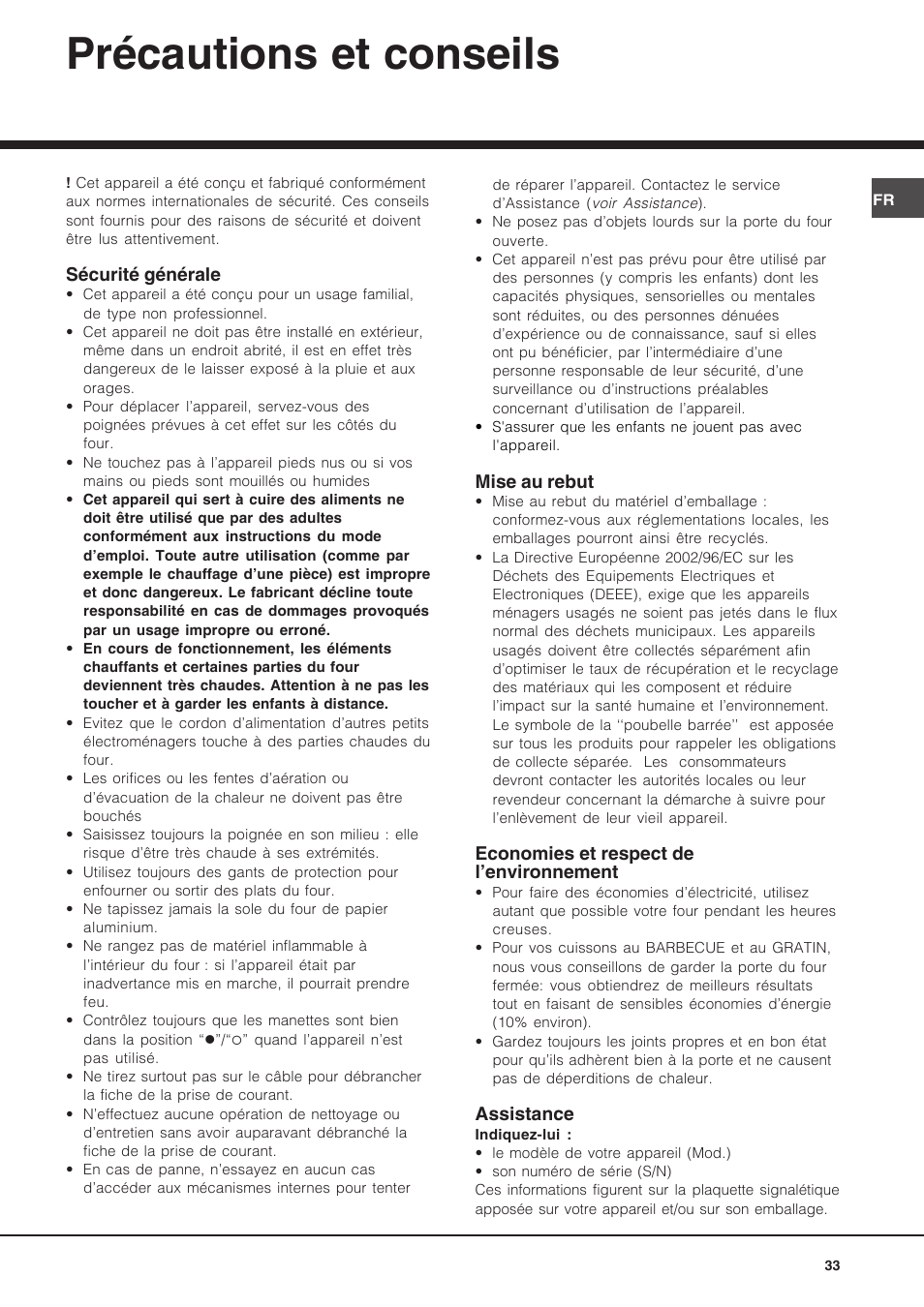 Précautions et conseils | Hotpoint Ariston Diamond FD 83.1 (MR)-HA User Manual | Page 33 / 68