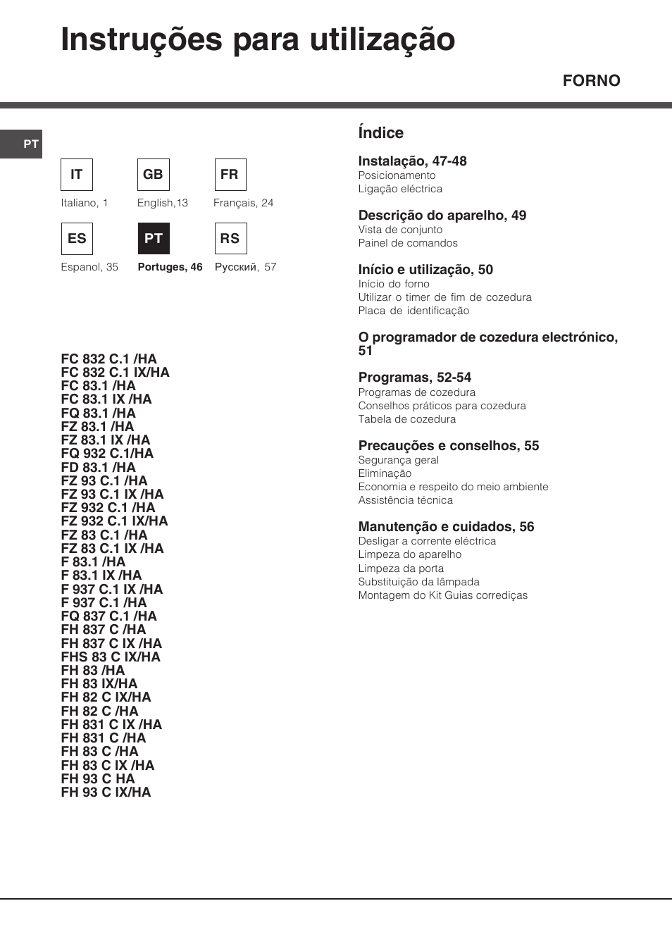 068303pt, 068303pt 46-53, Instruções para utilização | Hotpoint Ariston Diamond FD 83.1 (MR)-HA User Manual | Page 46 / 68