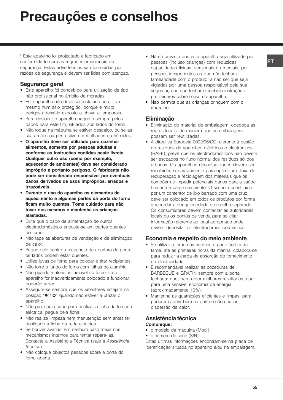 Precauções e conselhos, Segurança geral, Eliminação | Economia e respeito do meio ambiente, Assistência técnica | Hotpoint Ariston Diamond FD 83.1 (MR)-HA User Manual | Page 55 / 68