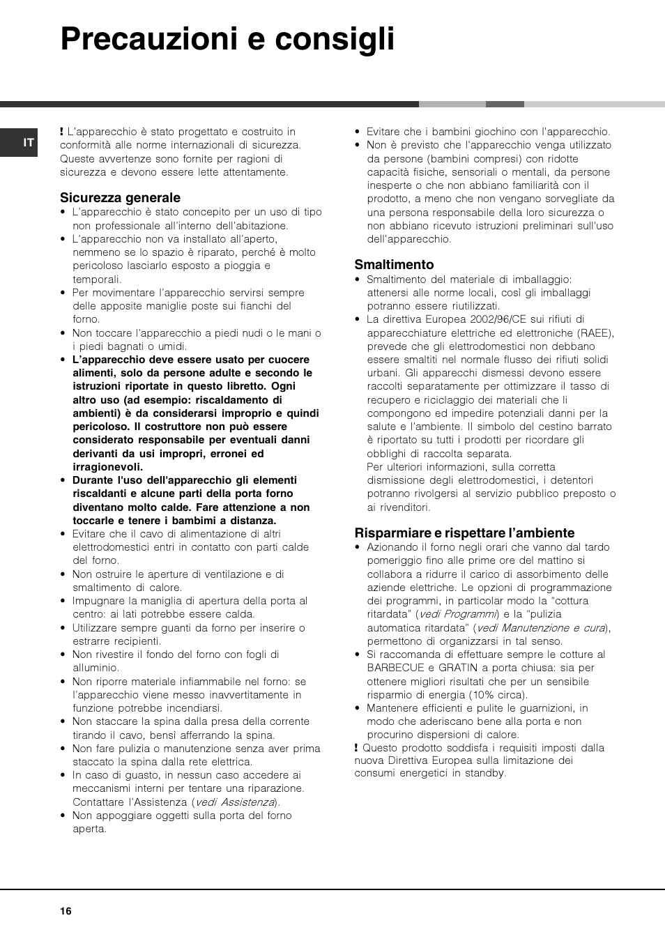 Precauzioni e consigli | Hotpoint Ariston OK 1035 EL D.20 X /HA User Manual | Page 16 / 60