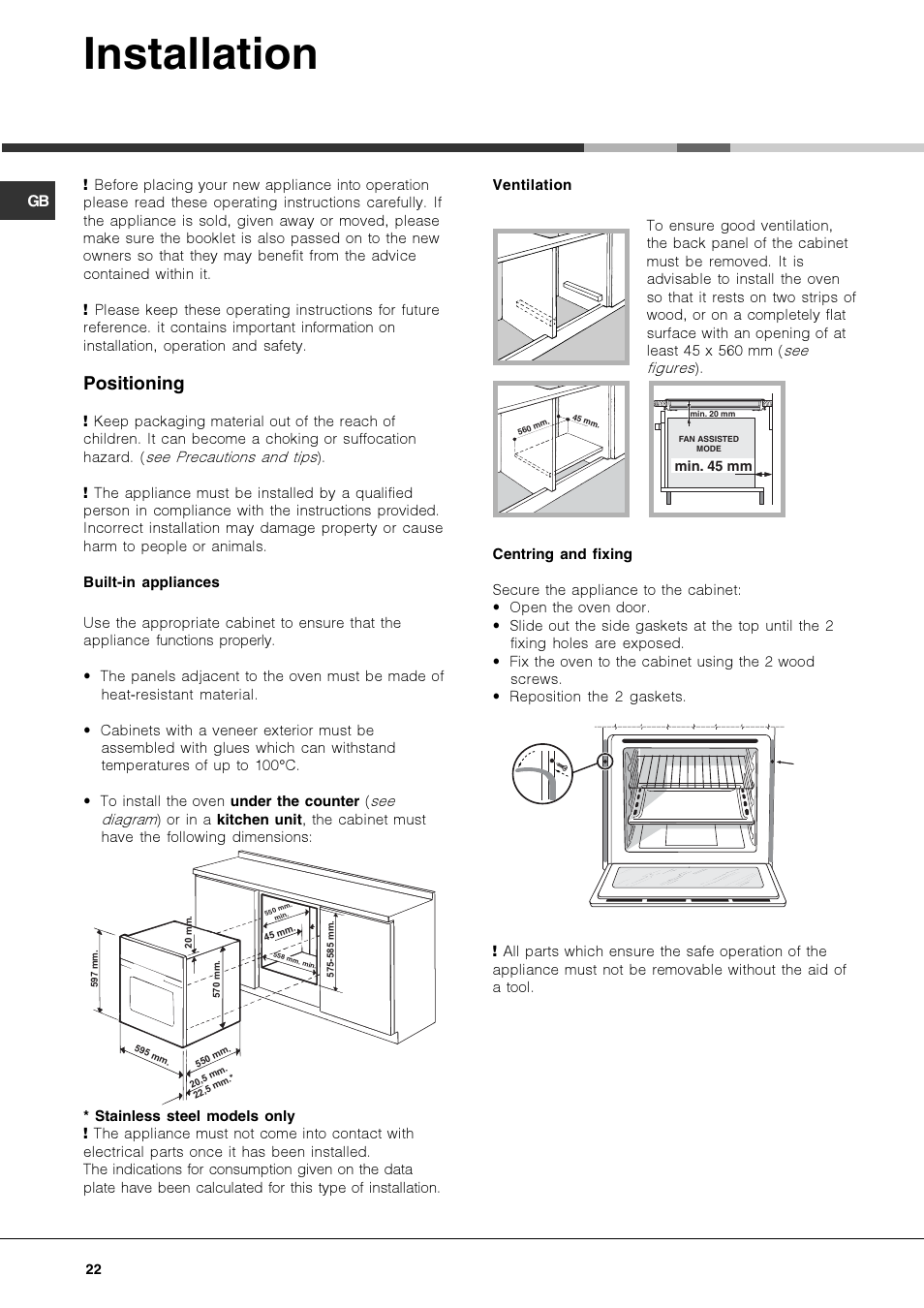 Installation, Positioning | Hotpoint Ariston OK 1035 EL D.20 X /HA User Manual | Page 22 / 60