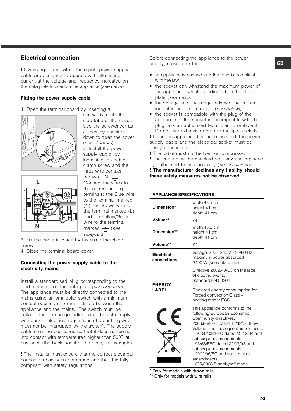 Electrical connection | Hotpoint Ariston OK 1035 EL D.20 X /HA User Manual | Page 23 / 60