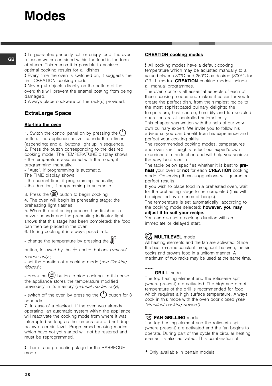 Modes | Hotpoint Ariston OK 1035 EL D.20 X /HA User Manual | Page 28 / 60